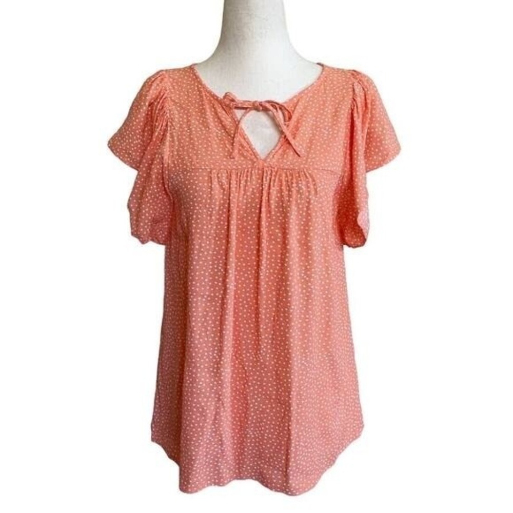 LOFT Peach Orange Polka Dot‎ V-Neck Tie Flutter Sleeve Blouse Small